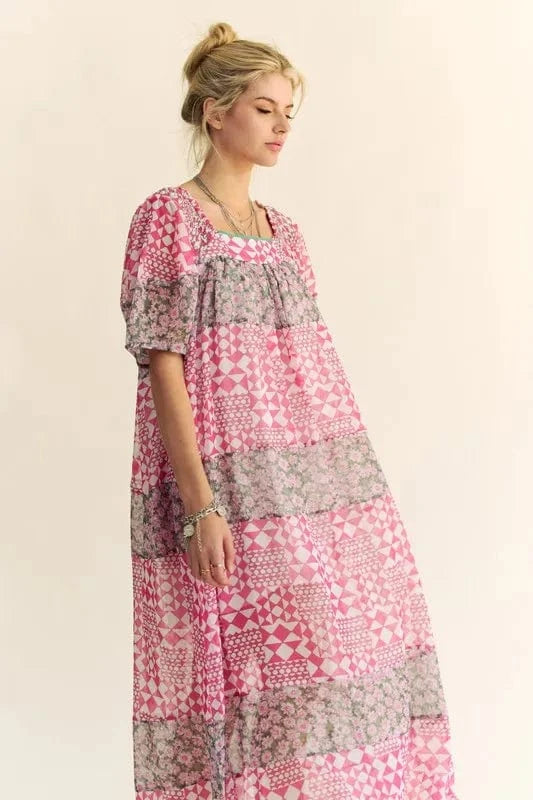 Davi & Dani dresses Davi & Dani Multi Floral Square Neck Puff Sleeve Maxi Dress