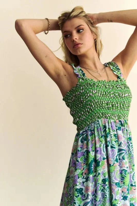 Davi & Dani dresses Davi & Dani Multi Smocked Bodice Geo Ruffle Strappy Midi Dress