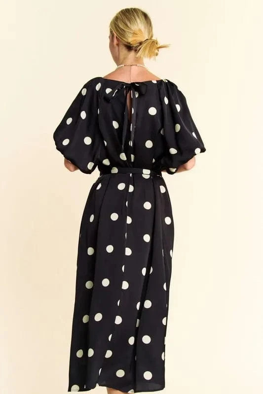 Davi & Dani dresses Davi & Dani Polka Dot Puff Sleeves Waist Tie Midi Dress