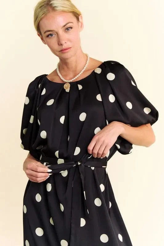 Davi & Dani dresses Davi & Dani Polka Dot Puff Sleeves Waist Tie Midi Dress