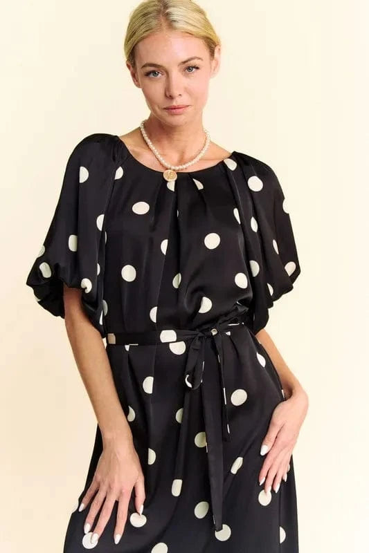 Davi & Dani dresses Davi & Dani Polka Dot Puff Sleeves Waist Tie Midi Dress