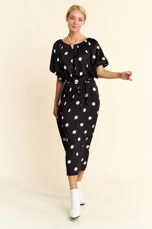 Davi & Dani dresses Davi & Dani Polka Dot Puff Sleeves Waist Tie Midi Dress