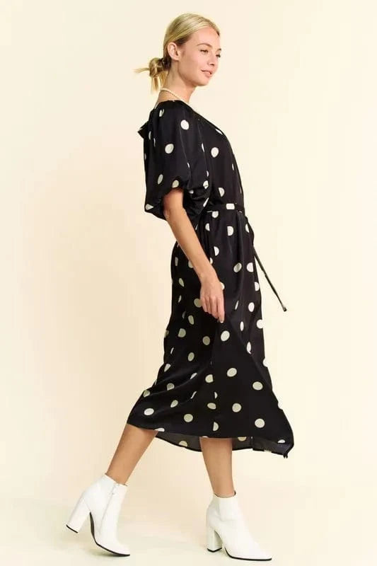 Davi & Dani dresses Davi & Dani Polka Dot Puff Sleeves Waist Tie Midi Dress