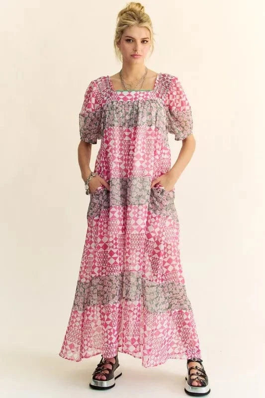 Davi & Dani dresses Indian Pink / S Davi & Dani Multi Floral Square Neck Puff Sleeve Maxi Dress