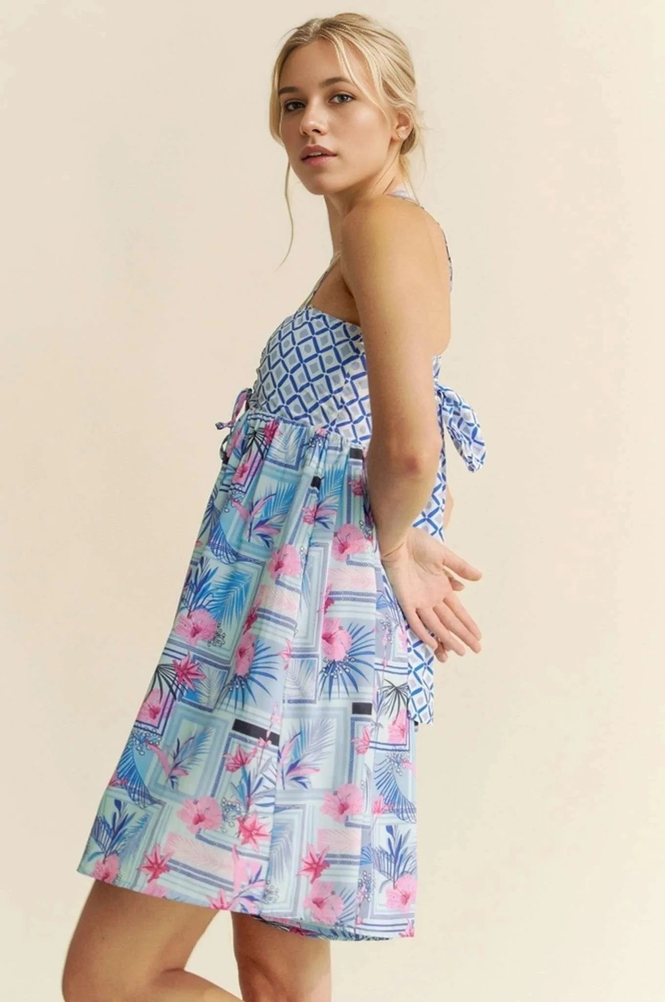 Davi & Dani Jumpsuits & Rompers Davi & Dani Tropical Floral Geo Print Tie Back Tube Top Romper