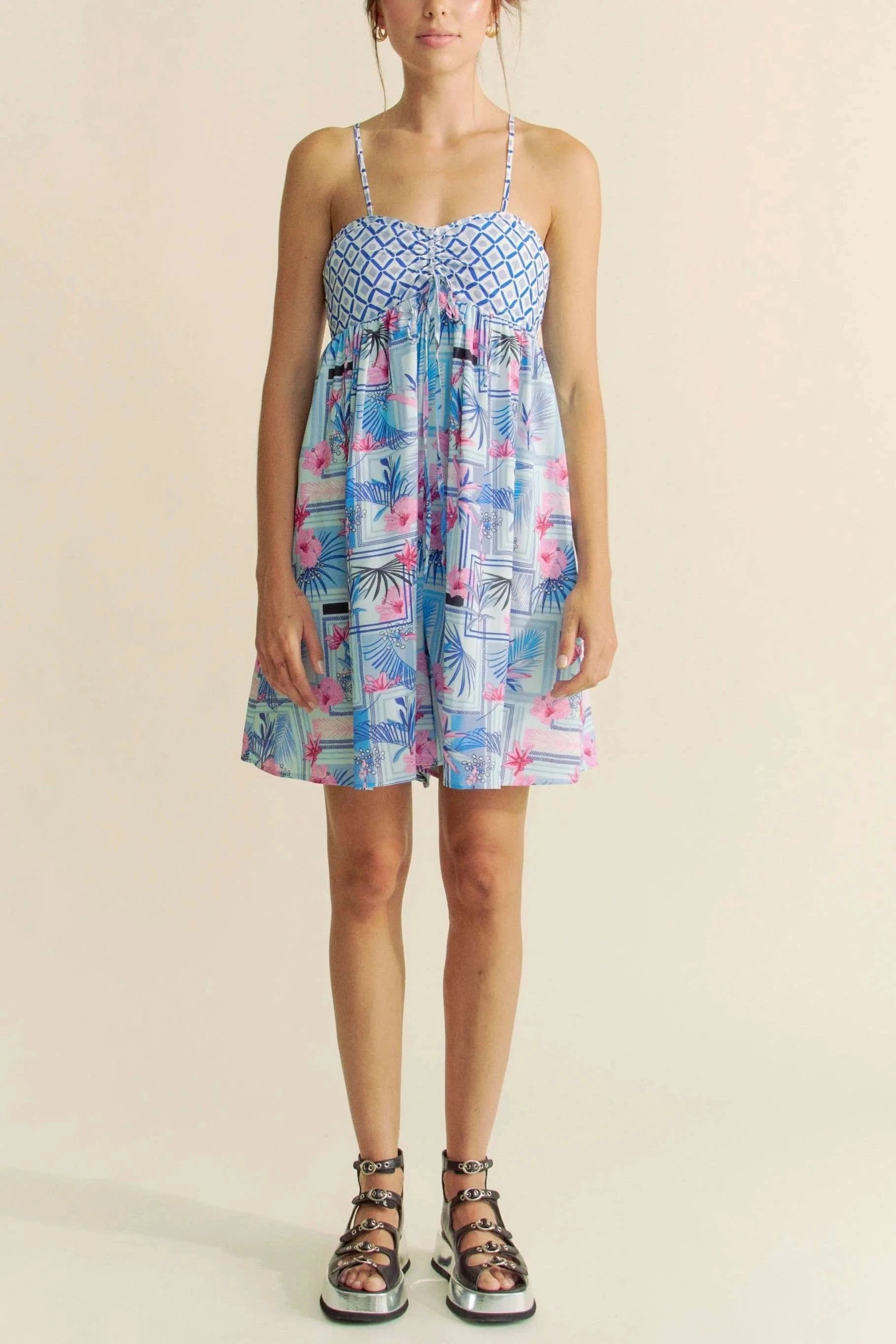 Davi & Dani Jumpsuits & Rompers Davi & Dani Tropical Floral Geo Print Tie Back Tube Top Romper