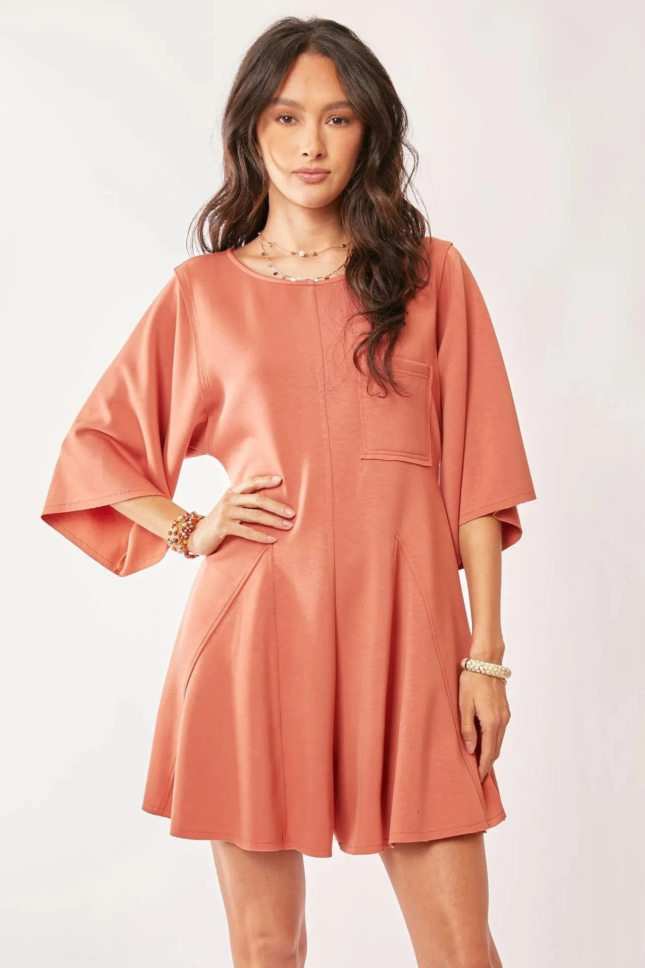 Davi & Dani Jumpsuits & Rompers SALMON / S Davi & Dani Solid Draped Sleeve Ties Back Skort Romper