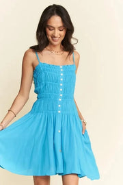 Davi & Dani Mini Dresses Azure / S Davi & Dani Smocking Bodice Sleeveless Button Down Mini Dress