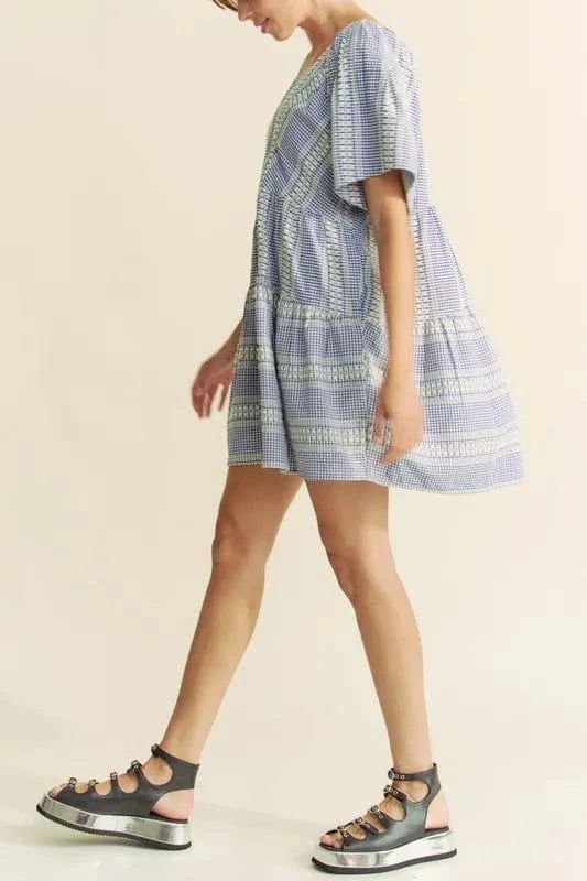 Davi & Dani Mini Dresses Davi & Dani Embroidered Stripe Ruffled Gingham Mini Dress