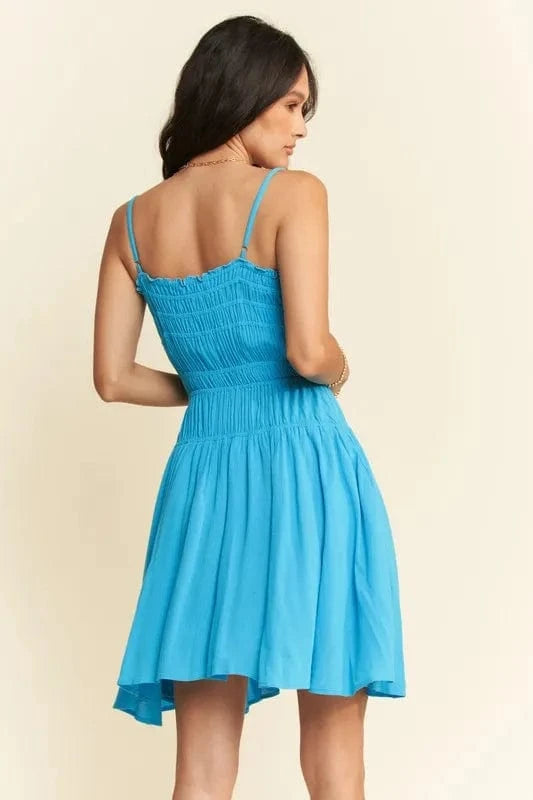 Davi & Dani Mini Dresses Davi & Dani Smocking Bodice Sleeveless Button Down Mini Dress