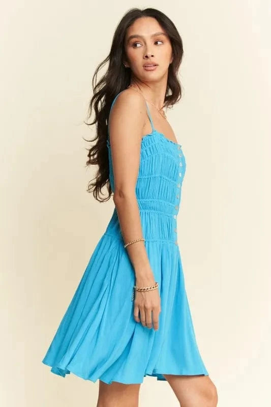 Davi & Dani Mini Dresses Davi & Dani Smocking Bodice Sleeveless Button Down Mini Dress