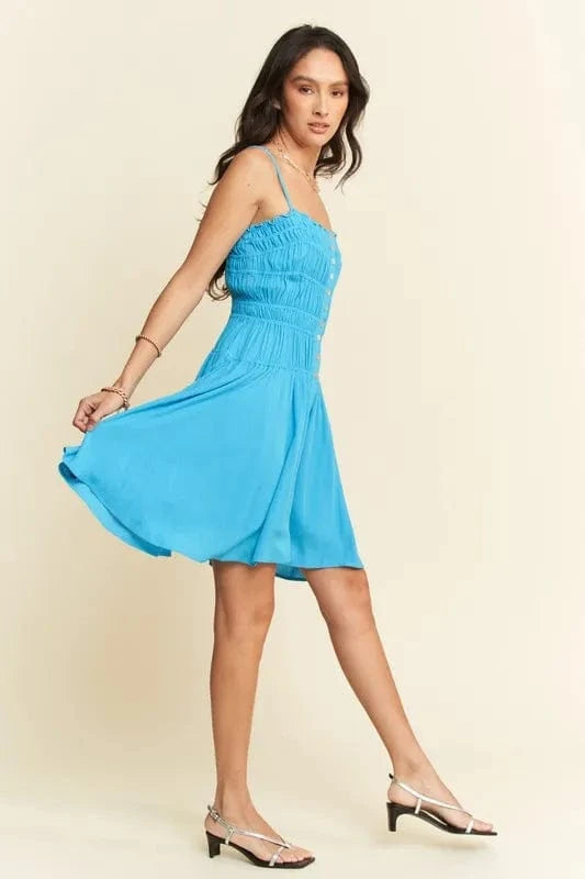 Davi & Dani Mini Dresses Davi & Dani Smocking Bodice Sleeveless Button Down Mini Dress