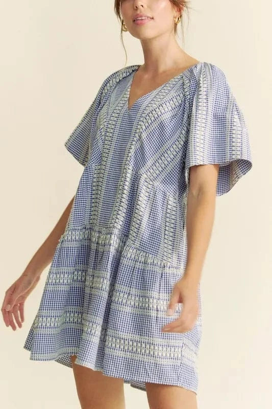 Davi & Dani Mini Dresses Navy Blue / S Davi & Dani Embroidered Stripe Ruffled Gingham Mini Dress