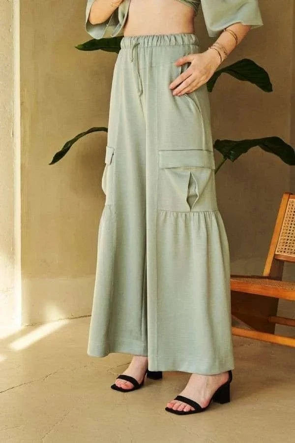 Davi & Dani Sage / S Davi & Dani Drawstring Ruched Detail Wide Leg Pants