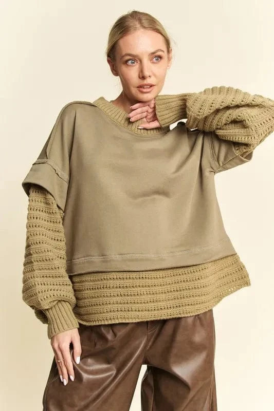 Davi & Dani Sweater Dresses Olive / S Davi & Dani Faux Layered Round Neck Sweater