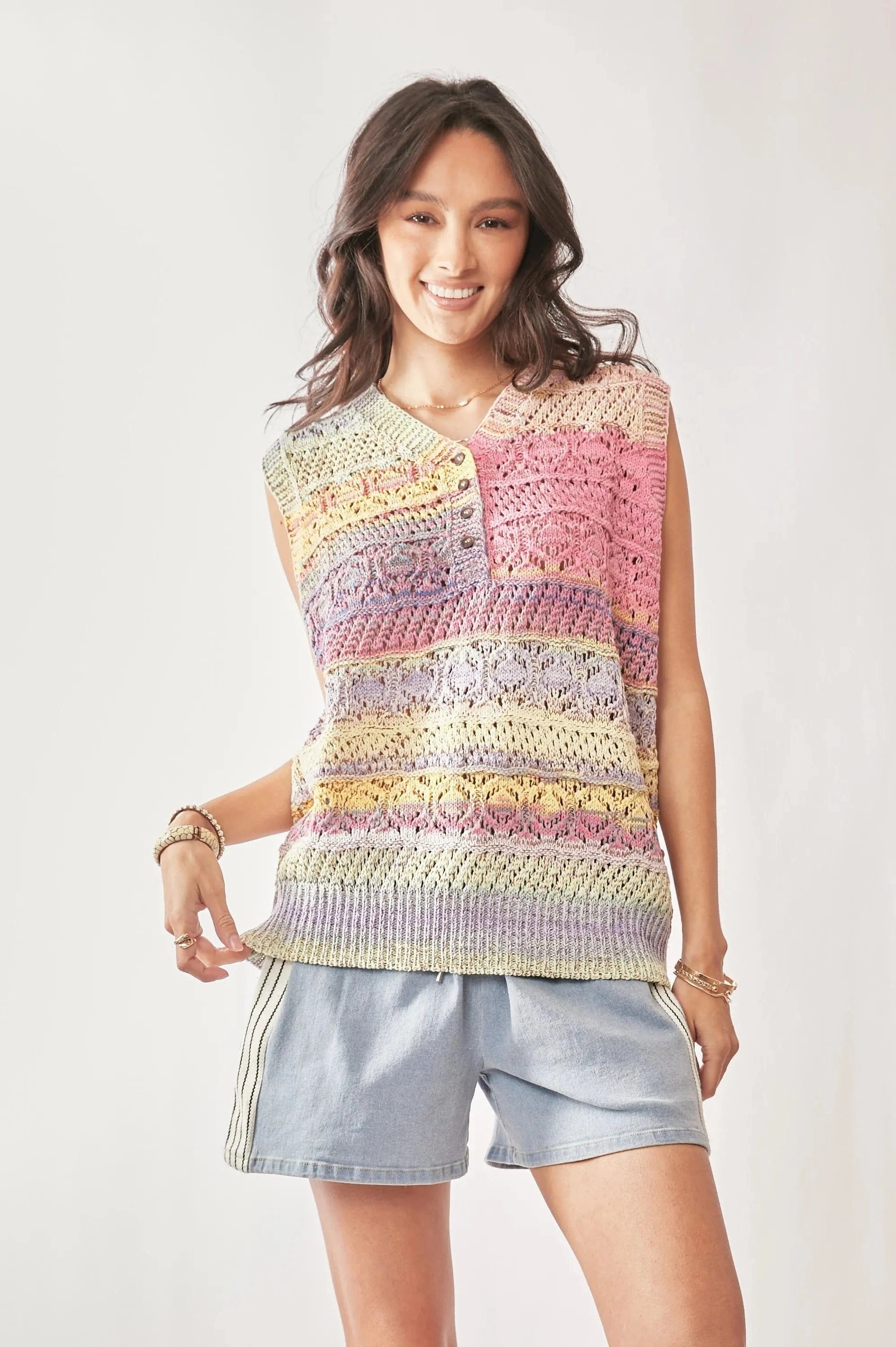Davi & Dani sweaters Davi & Dani Multi Color Crochet Sleeveless Knit Vest Top
