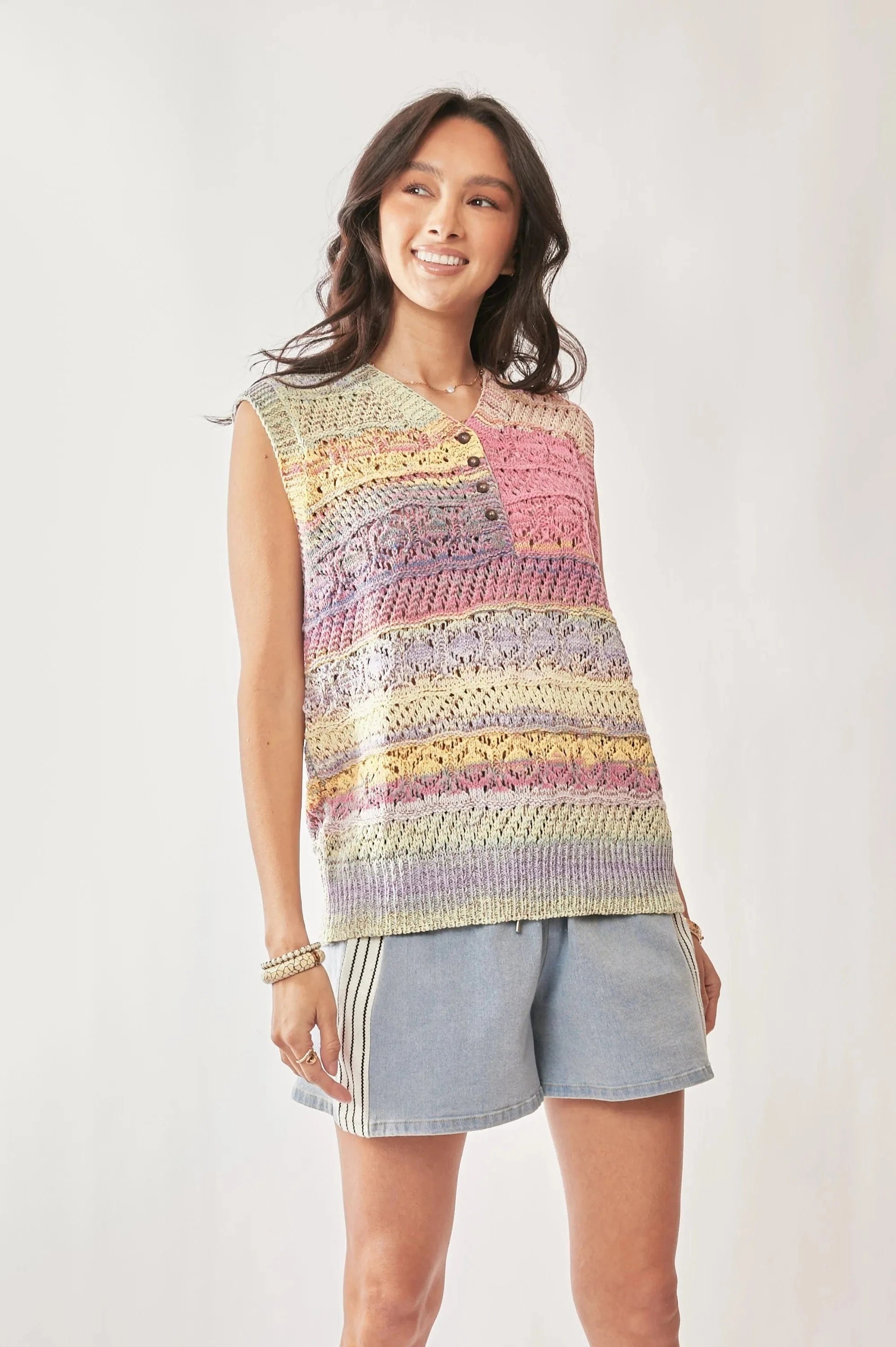 Davi & Dani sweaters Davi & Dani Multi Color Crochet Sleeveless Knit Vest Top