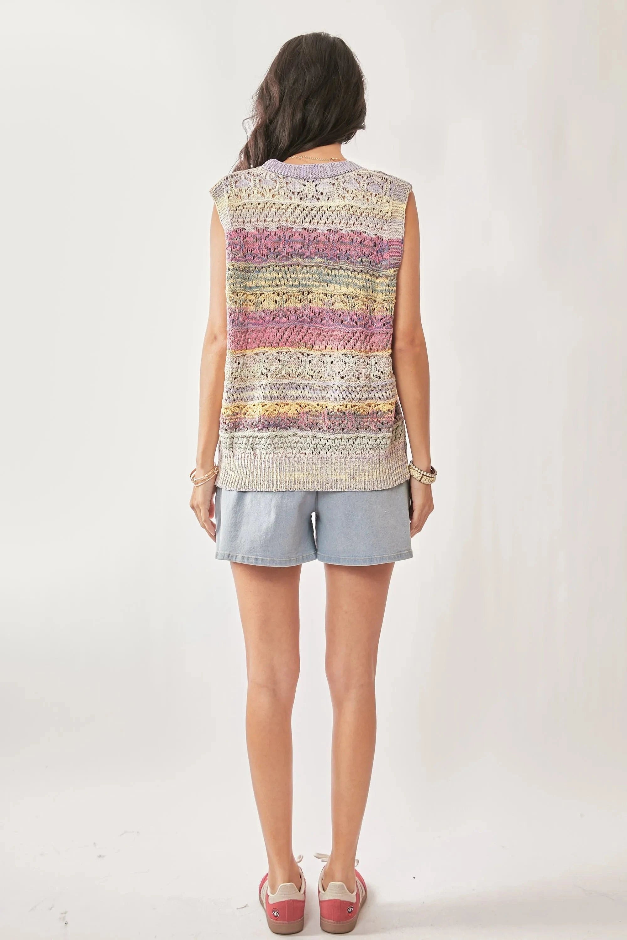 Davi & Dani sweaters Davi & Dani Multi Color Crochet Sleeveless Knit Vest Top