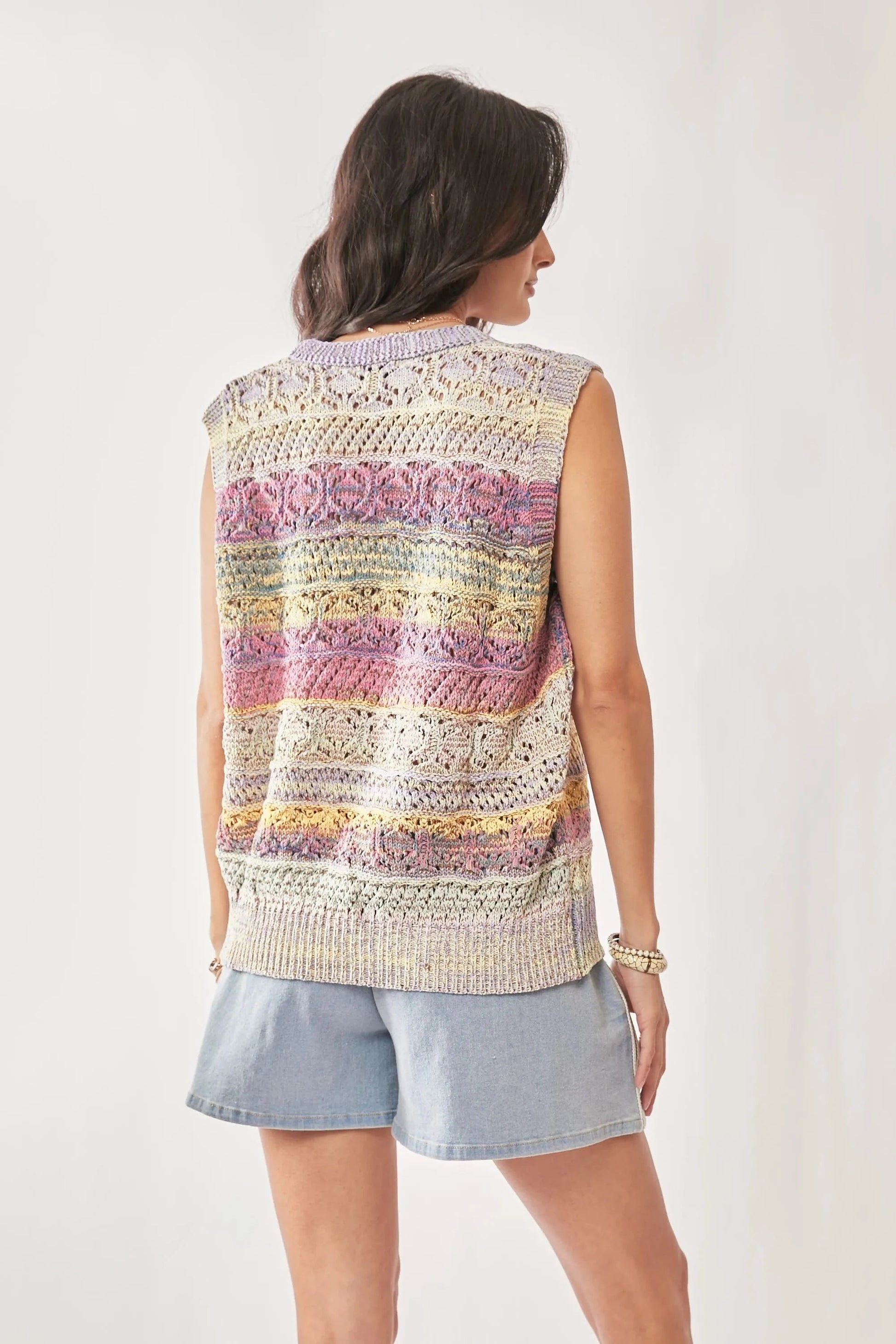 Davi & Dani sweaters Davi & Dani Multi Color Crochet Sleeveless Knit Vest Top