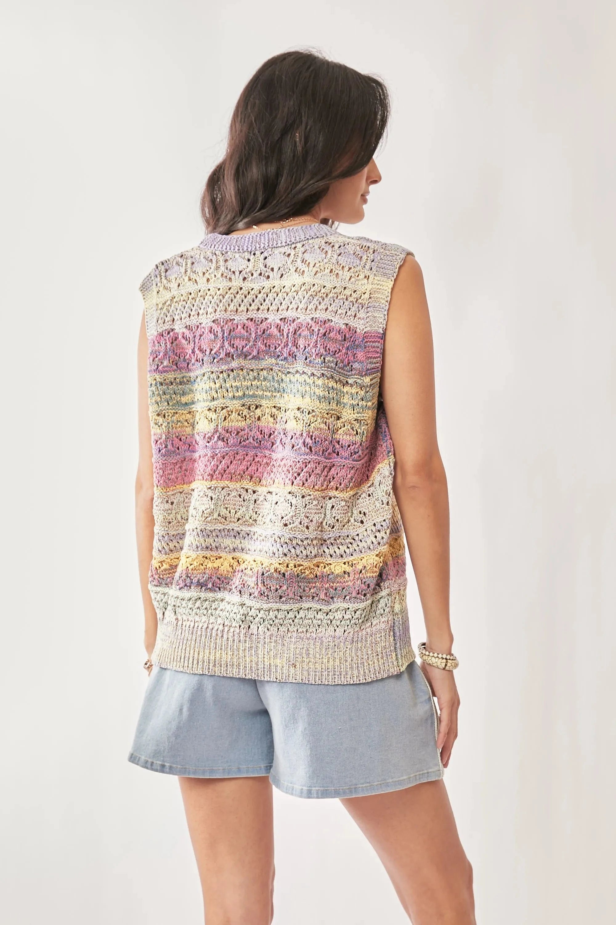 Davi & Dani sweaters Davi & Dani Multi Color Crochet Sleeveless Knit Vest Top