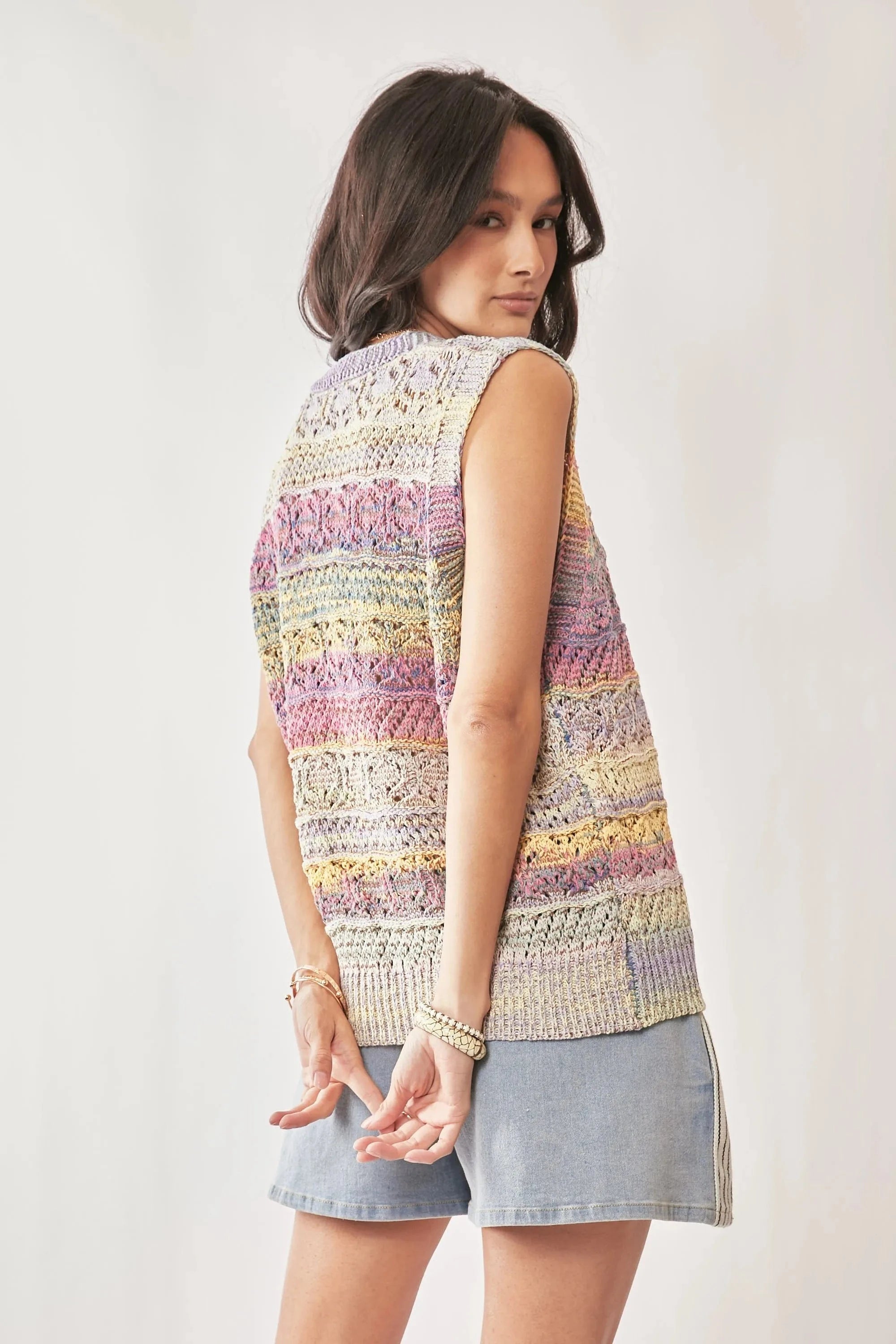 Davi & Dani sweaters Davi & Dani Multi Color Crochet Sleeveless Knit Vest Top