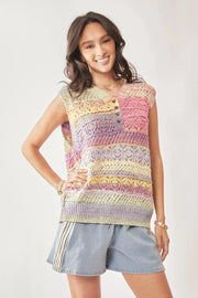 Davi & Dani sweaters PASTEL MULTI / S/M Davi & Dani Multi Color Crochet Sleeveless Knit Vest Top