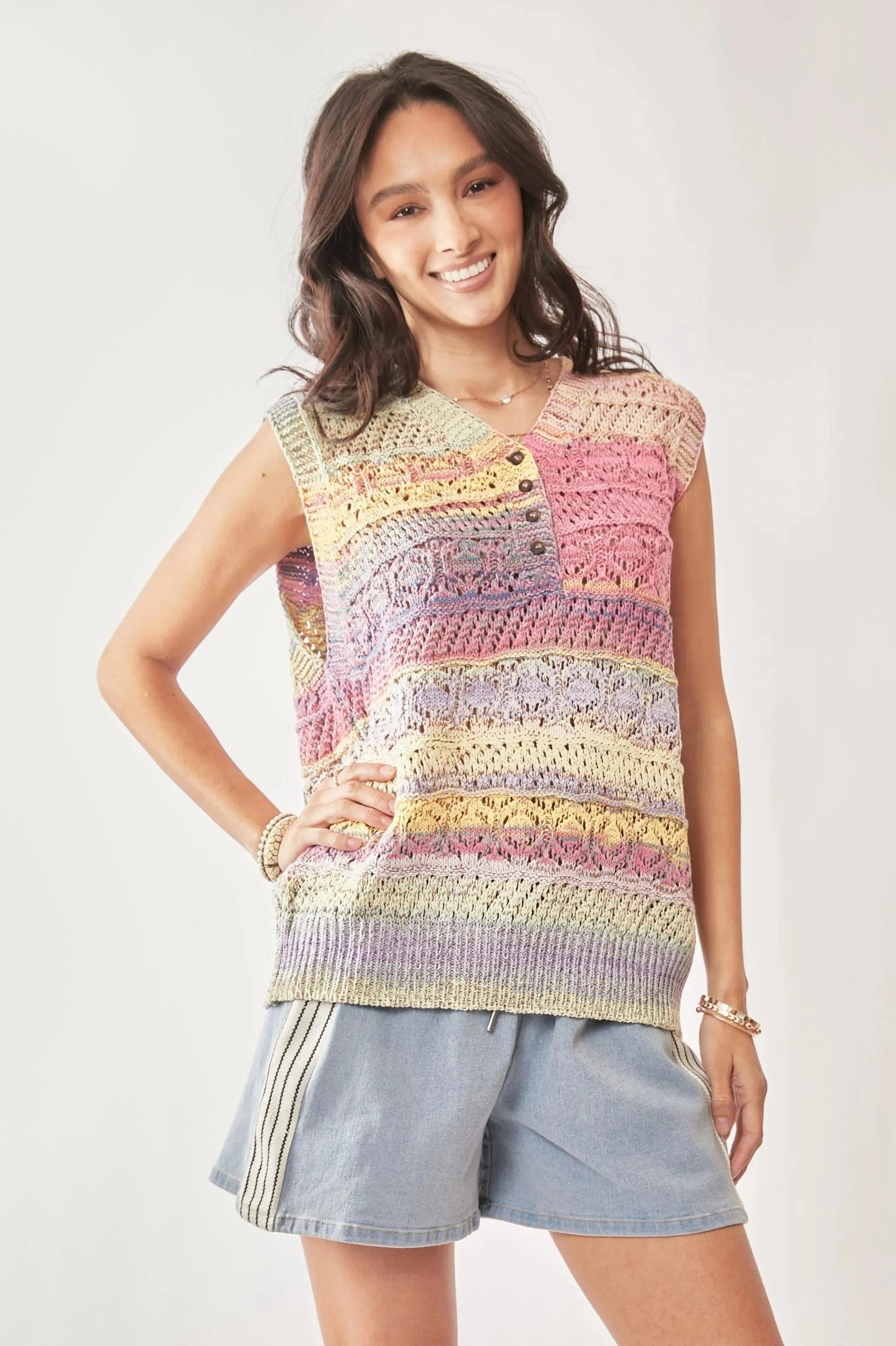 Davi & Dani sweaters PASTEL MULTI / S/M Davi & Dani Multi Color Crochet Sleeveless Knit Vest Top
