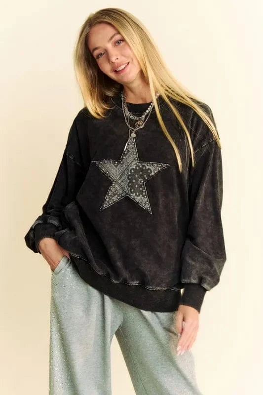 Davi & Dani Sweatshirts & Hoodies Black / S Davi & Dani Stud Star Patch Acid Washed Sweatshirt