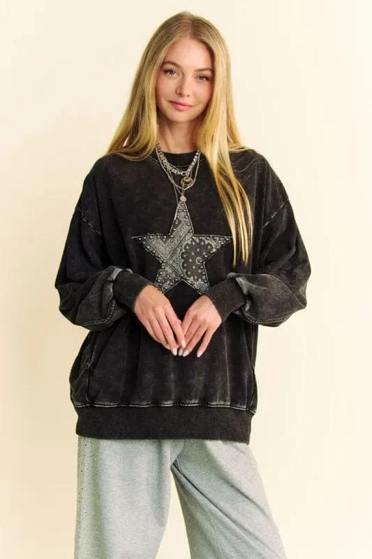 Davi & Dani Sweatshirts & Hoodies Davi & Dani Stud Star Patch Acid Washed Sweatshirt