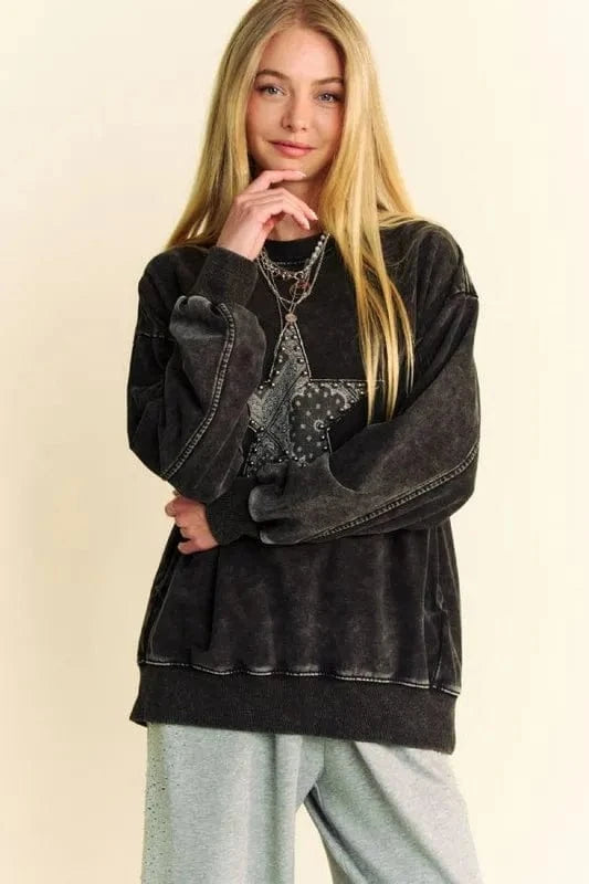 Davi & Dani Sweatshirts & Hoodies Davi & Dani Stud Star Patch Acid Washed Sweatshirt