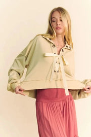 Davi & Dani Sweatshirts & Hoodies Tan / S Davi & Dani Lace Up Exposed Seam French Terry Top