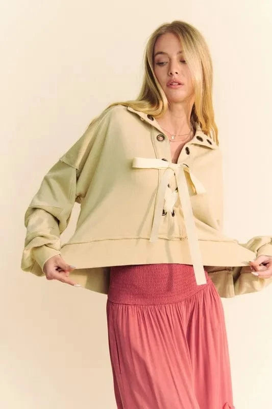 Davi & Dani Sweatshirts & Hoodies Tan / S Davi & Dani Lace Up Exposed Seam French Terry Top