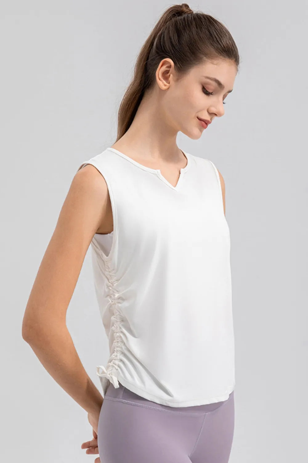 Notched neck wide strap active tank close up detail
