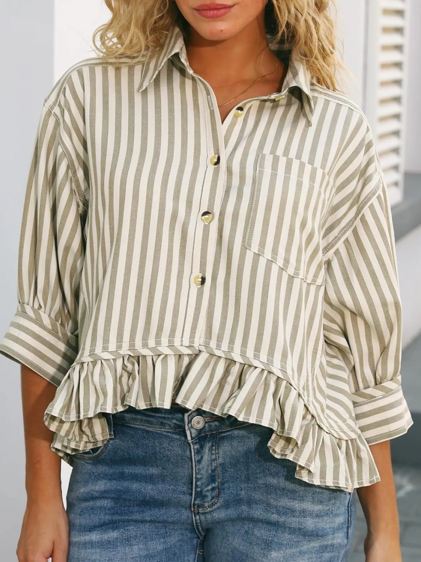Striped Ruffle Hem Button-Up Shirt - Fashorio