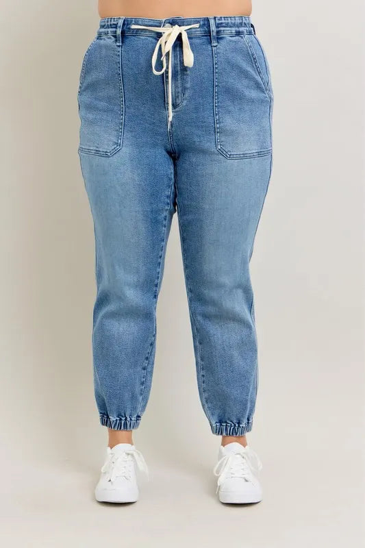 High waist denim joggers back pocket view