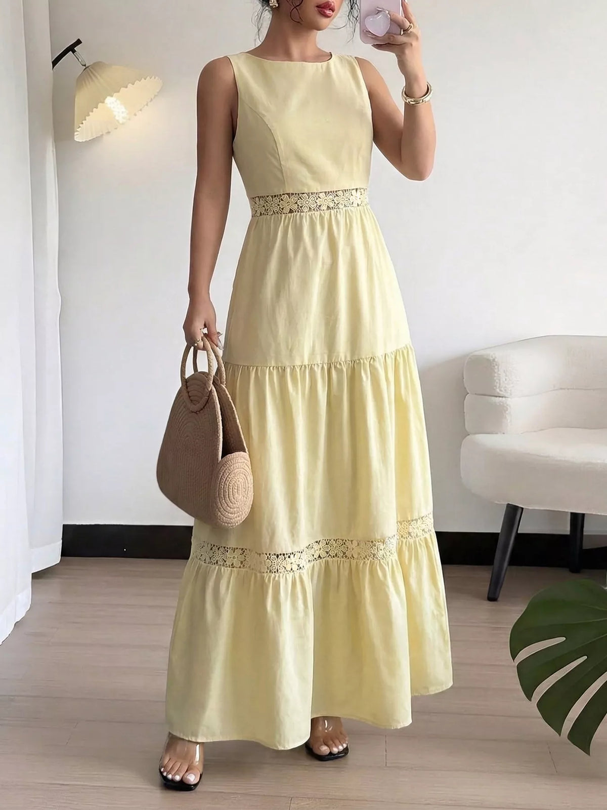 yellow tiered lace trim sleeveless maxi dress front view