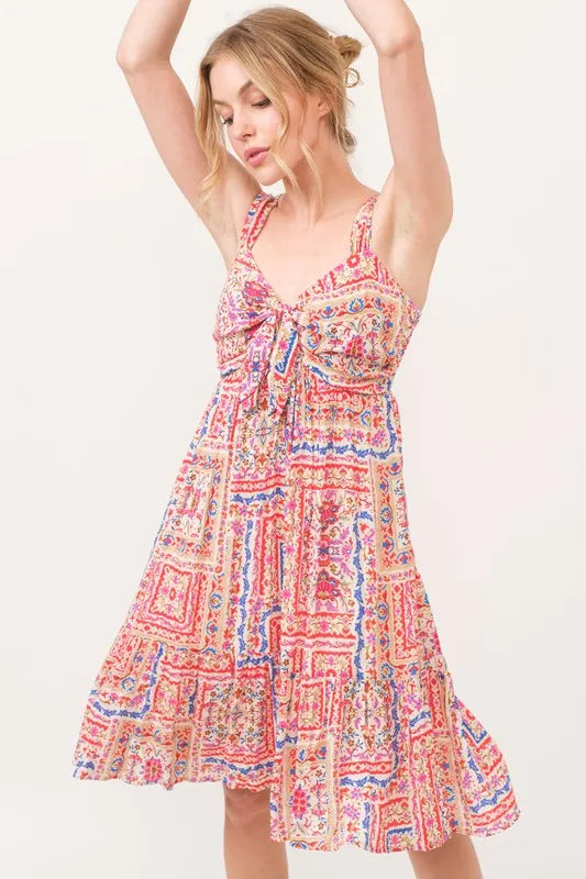 Tie Front Smocked Tiered Boho Dress in Red
