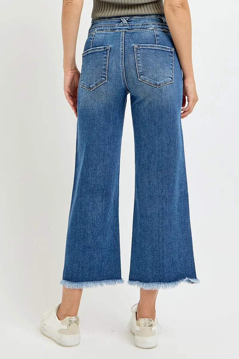 RISEN High Rise Crop Wide Leg Jeans with Wide Band Detail - Fashorio