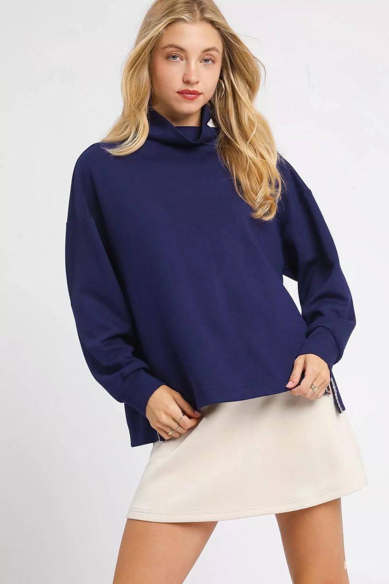 Turtleneck Dolman Sleeve Side Slit Sweater in Navy