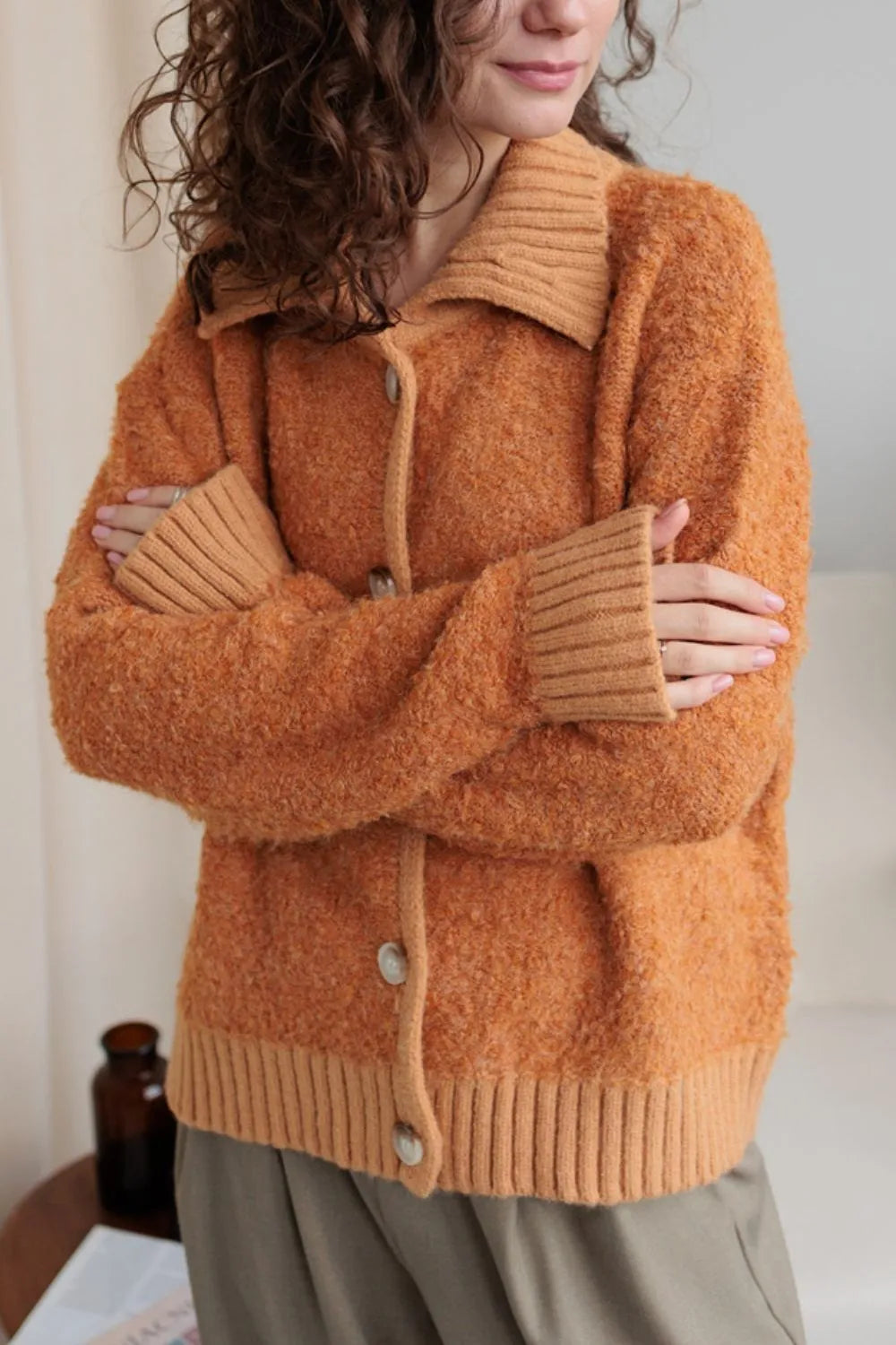 Collared Neck Button Down Long Sleeve Cardigan Tangerine One Size - Fashorio