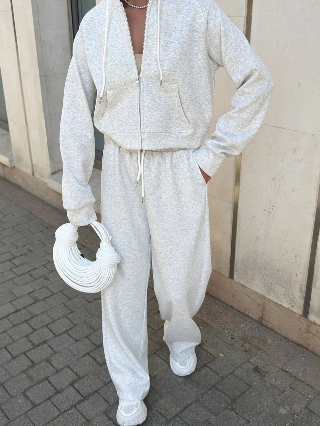 Zip Up Drawstring Hoodie and Pants Set - Fashorio