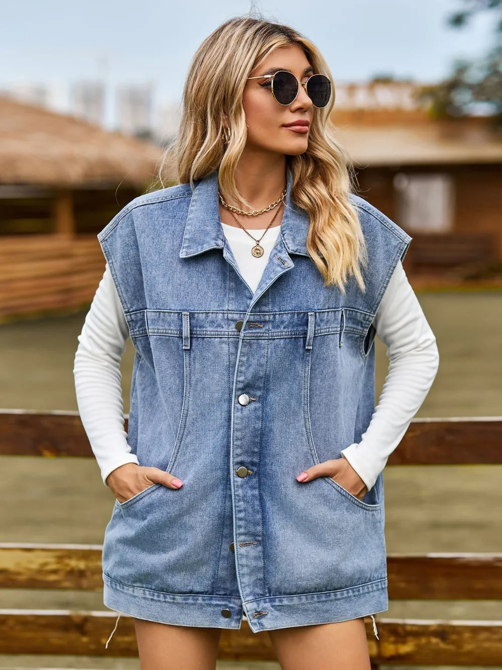 Button Up Collared Neck Sleeveless Denim Jacket Dusty Blue - Fashorio