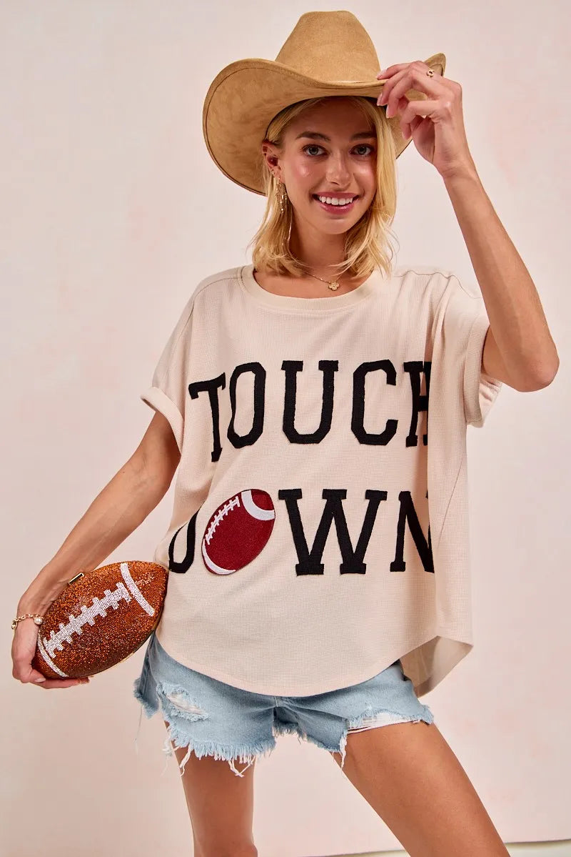 BiBi Game Day Touchdown Letter Patches Waffle Short Top - Fashorio
