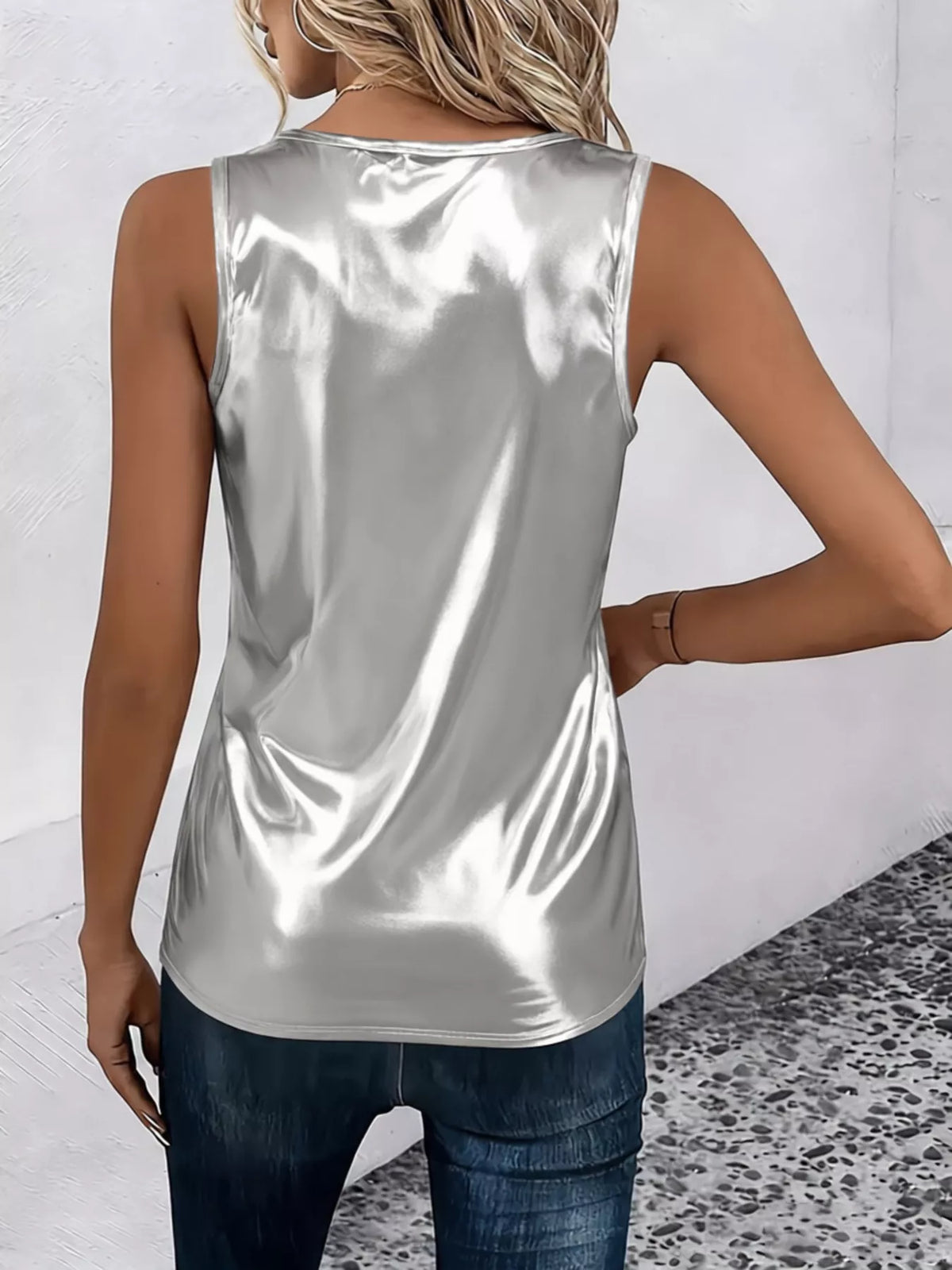 Silver satin sleeveless tank back view