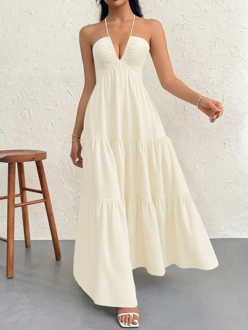 halter neck tiered backless maxi dress front view
