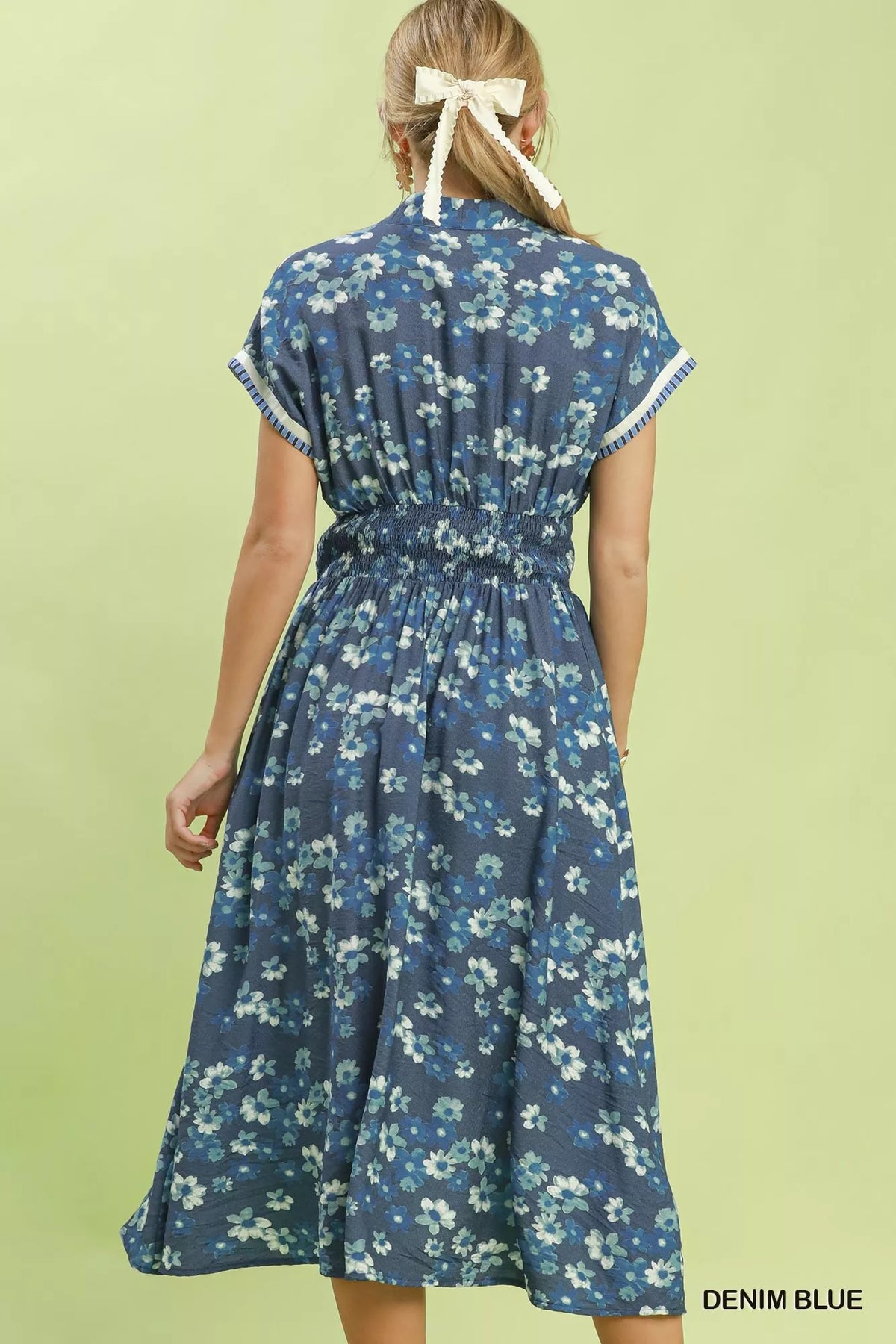Denim blue button front shift dress side view