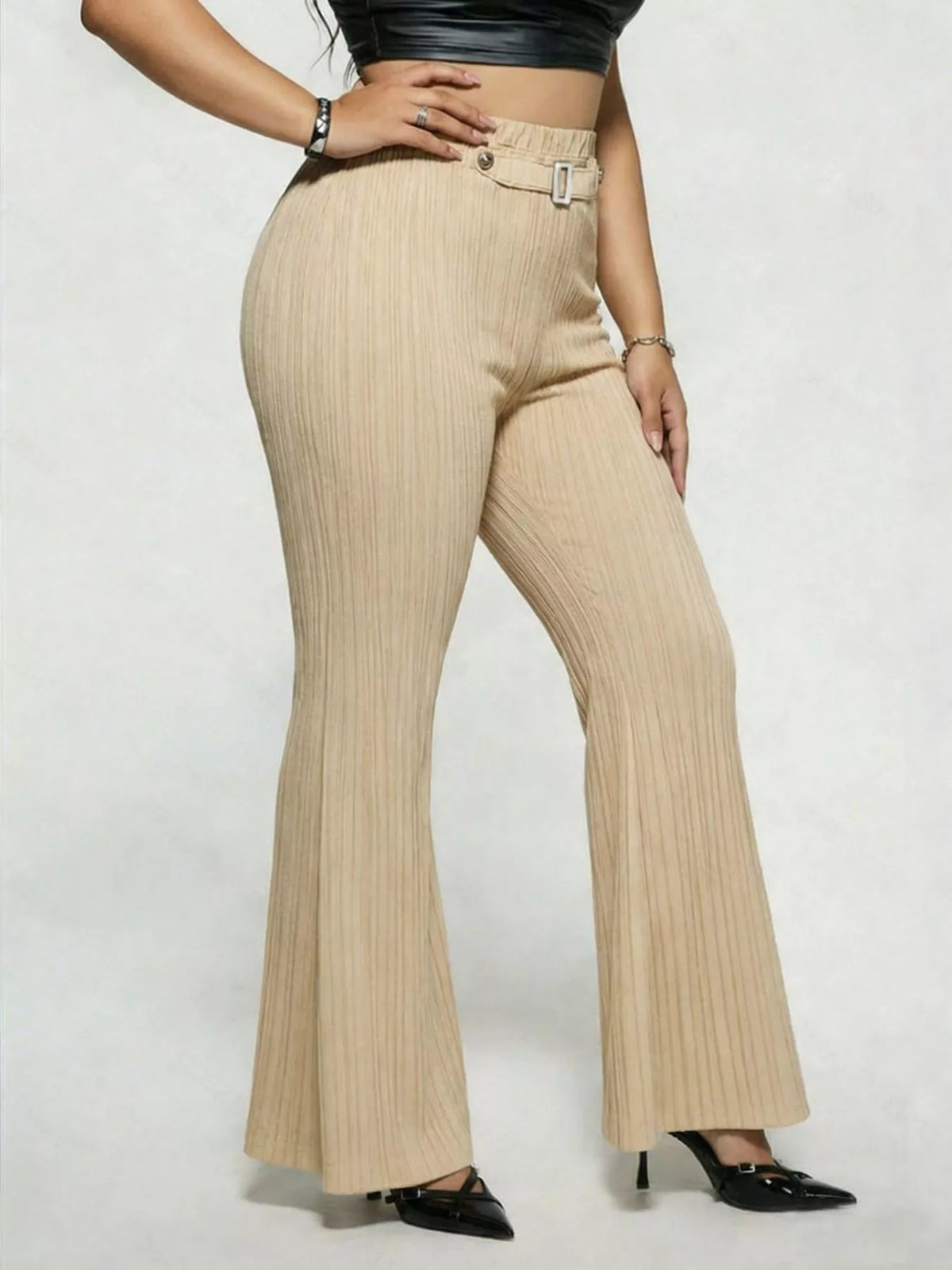 Plus size high waist flare pants, angled view