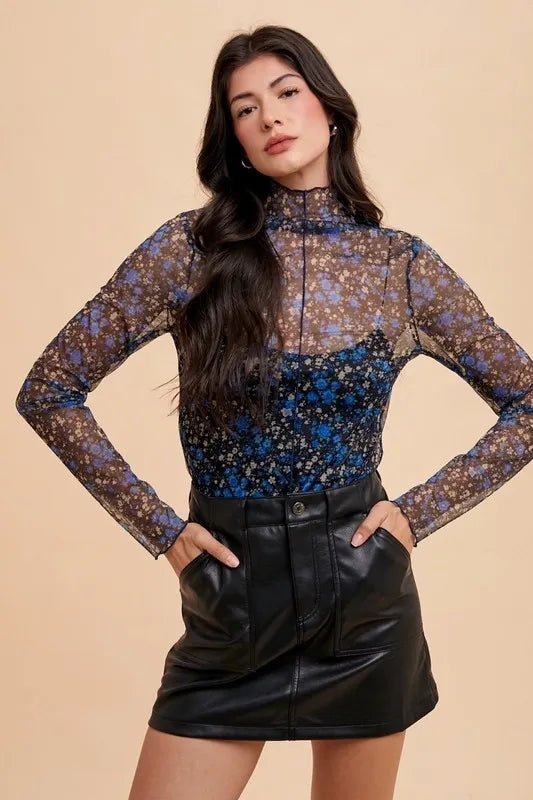 Floral sheer mesh top with lettuce hem front view