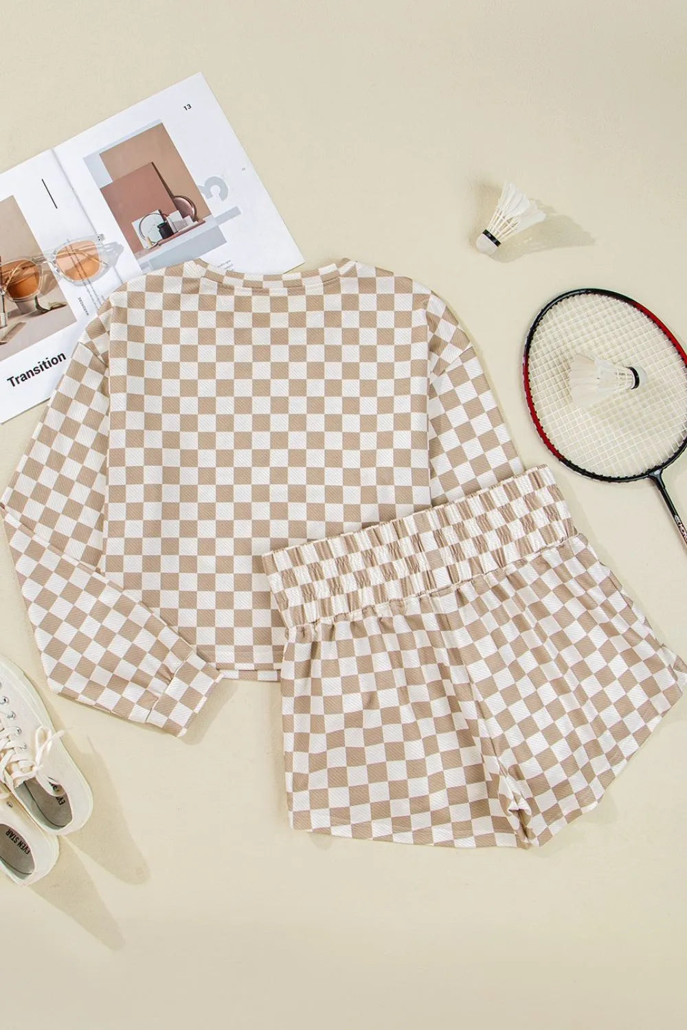 Checkered Long Sleeve Top and Skirt Two Piece Set view 7
