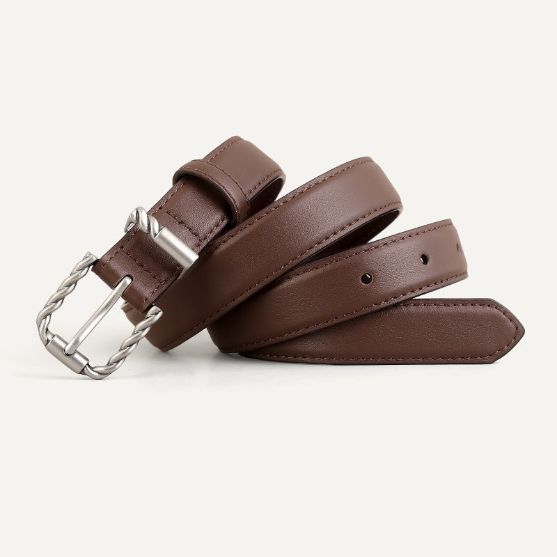 Twisted buckle leather belt full length view
